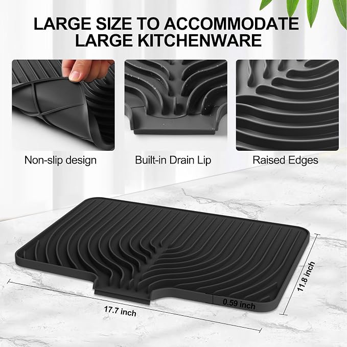 Dish Drying Mat for Kitchen Counter, with Built-in Drain Lip, Food-Grade Silicone, Easy Clean Pad for Countertop Protection, Multi-Functional Use (18x11.8, Black)