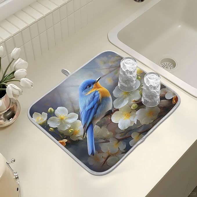 Spring Blue Yellow Flower Bluebird Butterflies Dish Drying Mat for Kitchen Counter Absorbent Microfiber Large Drying Pad Dish Mats for Kitchen Countertops 18 x 24 Inch