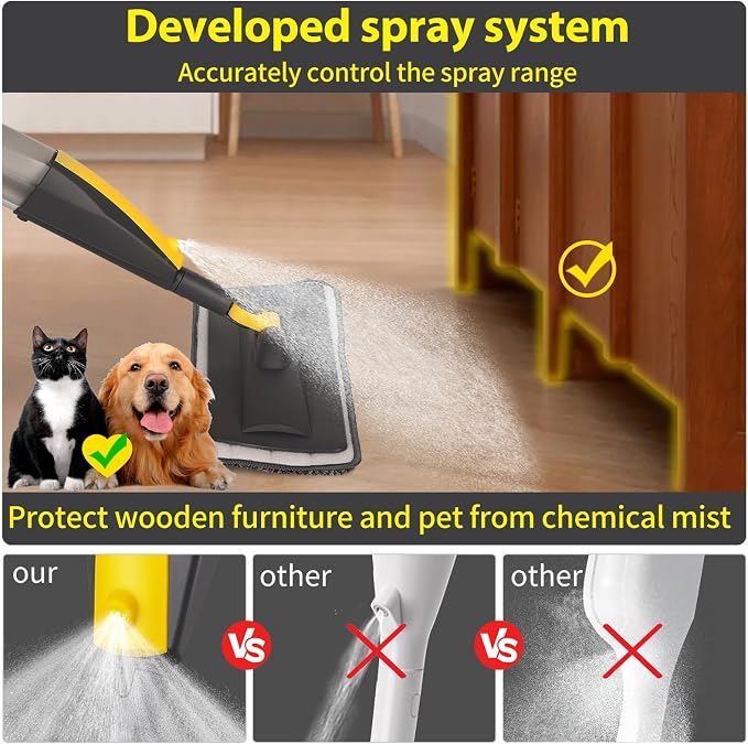 Wet Spray Mop for Floor Cleaning with 14 oz Bottle & 3 Microfiber Pads | Refillable bottle, washable pads, dry/wet use for home or commercial cleaning on hardwood, laminate, wood & ceramic floors