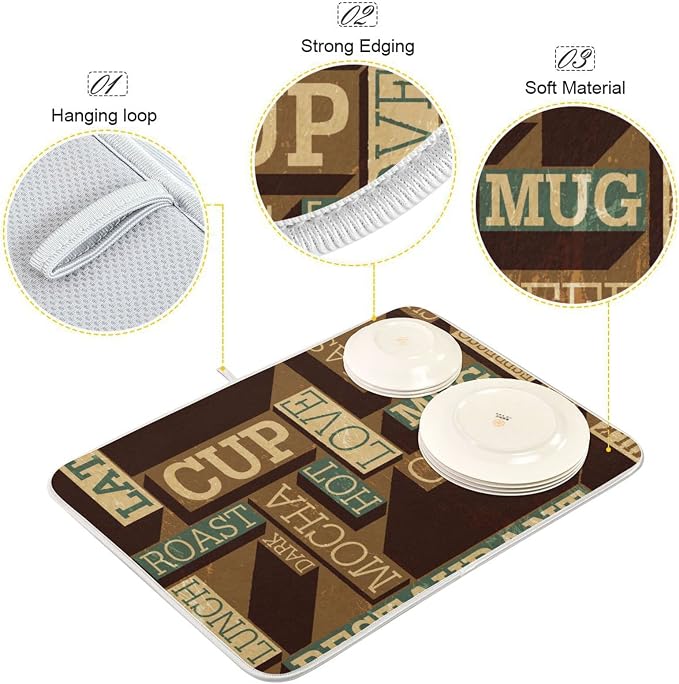 Super Absorbent Dish Drying Mat, Microfiber Fast-Drying Dish Mat, 24" x 18", Kitchen Dish Drying Pad, Coffee Themed Seamless Retro