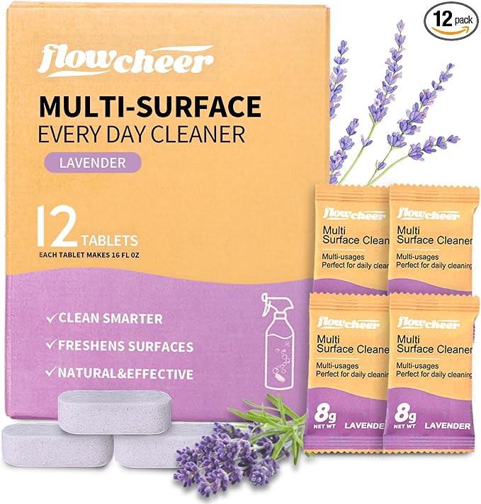 flowcheer Multi Surface Cleaner Refills -12 Pack All Purpose Cleaning Refill Tablet-Makes 192 fl oz Bottles of Spray Cleaner for Household&Kitchen Cleaning (Lavender)