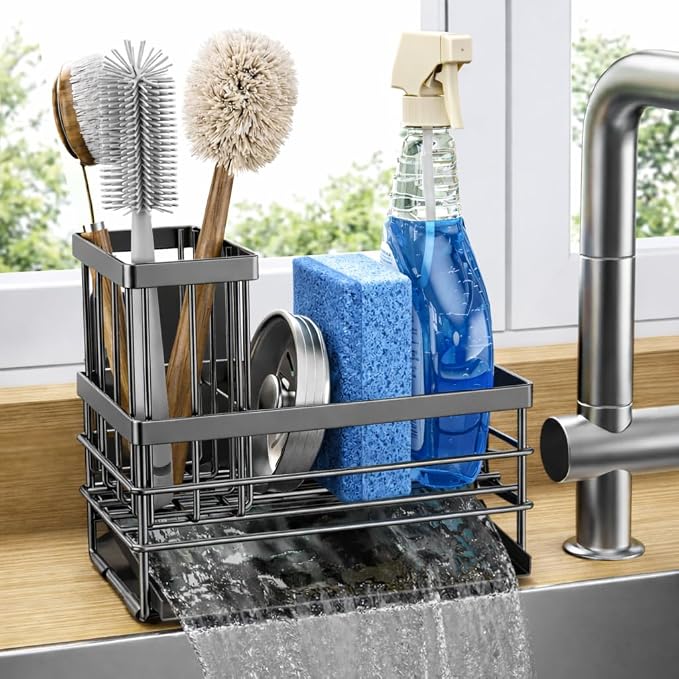 Cisily Sink Caddy Sponge Holder for Kitchen with Brush Holder and Stainless Steel Self Drain Tray, Rustproof Kitchen Sink Organizer for Sponge, Soap Dispenser Storage Accessories