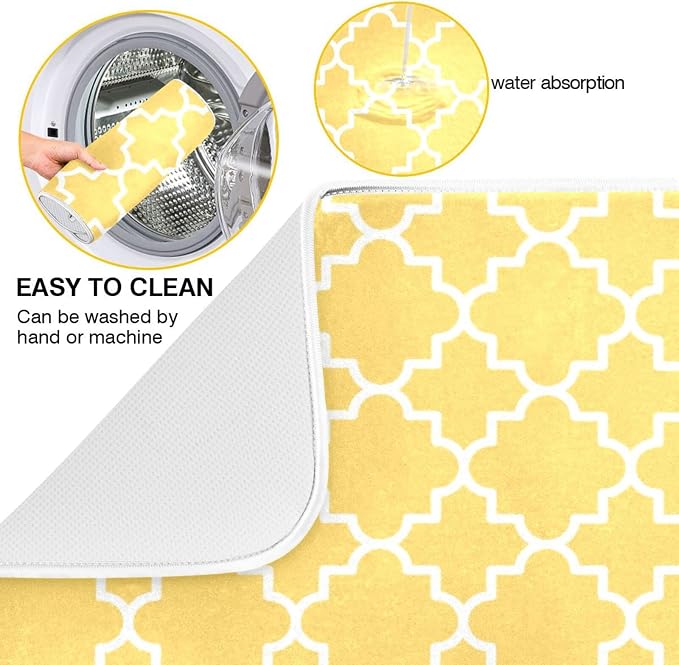 Super Absorbent Dish Drying Mat, Microfiber Fast-Drying Dish Mat, 16" x 18", Kitchen Dish Drying Pad, Quatrefoil Lattice Yellow Pattern