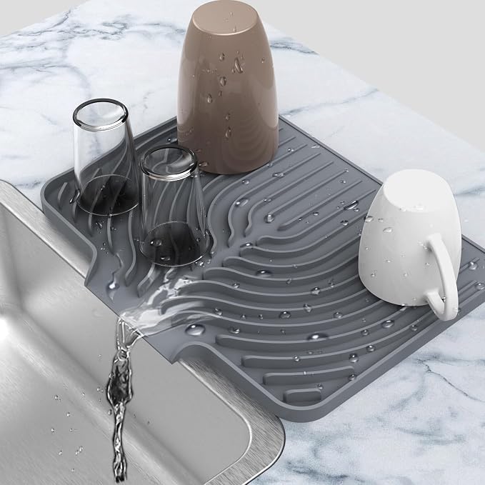 Kitchen Counter Dish Drying Mat, 14.6"x11" Dish Drying Rack(gray) | Various Sizes & Colors,Steep-Slope Built in Drain,High-fin Ventilation,Food-grade Silicone,500F heat resistant,for Flat sinks