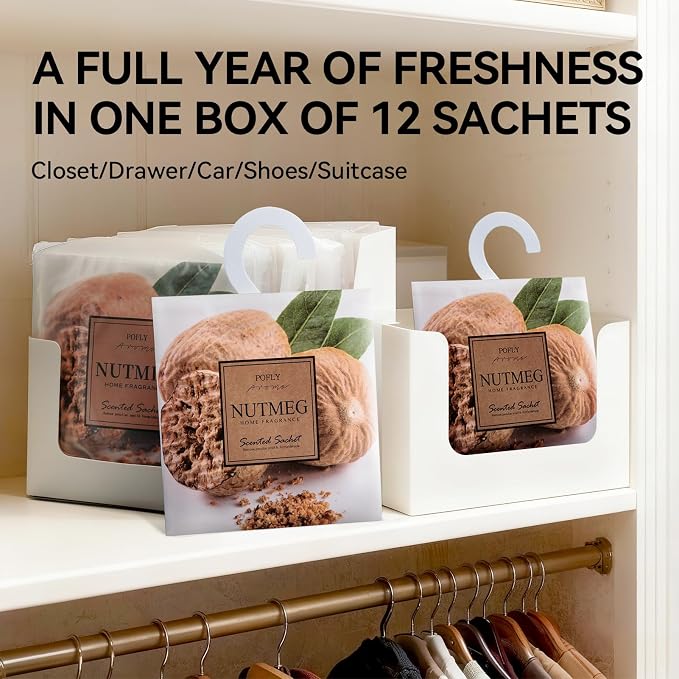 12 Pack Nutmeg Scented Sachets, Air Freshener for Home & Small Spaces | Hanging Sachet Bags with Retractable Hook; Closet Deodorizer & Odor Eliminator for Drawers, Shoe Cabinets, Cars & Luggage