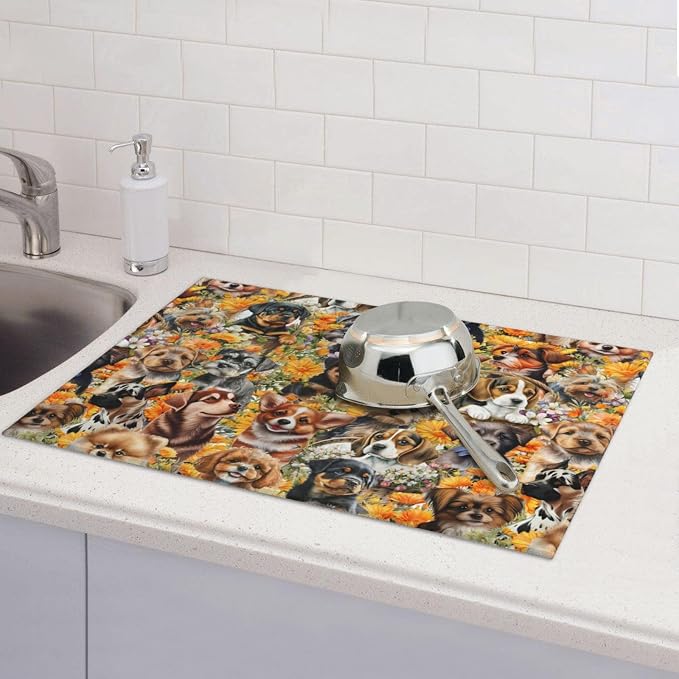 Cute Puppy Dog Dish Drying Mat 18 x 24 Inch for Kitchen Counter Cute Kitchen Mat Microfiber Kitchen Countertop Absorbent Reversible Drainer Rack Pad Dish Drying Mat