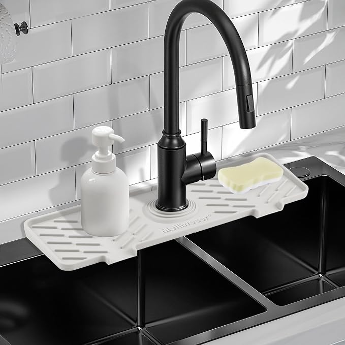 Silicone Faucet Mat for Kitchen Sink – Gen 3 10° Slope Splash Guard with Cuttable Hole – 14” x 5.5” Drip Catcher & Sponge Holder for Kitchen, Bathroom (White)