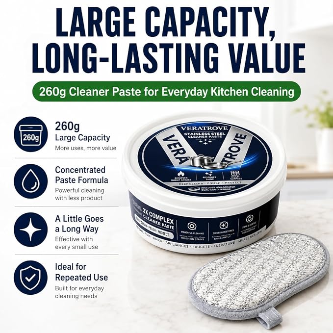 Stainless Steel Cookware Cleaner Paste for Pots and Pans | Non-scratch metal polish paste helps clean burnt stains, grease and grime on stainless steel pots, pans, cookware and sinks
