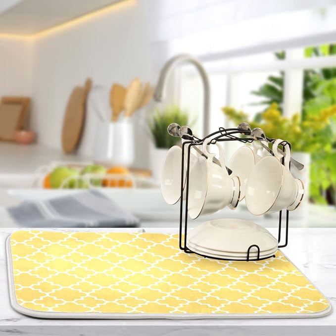 Super Absorbent Dish Drying Mat, Microfiber Fast-Drying Dish Mat, 16" x 18", Kitchen Dish Drying Pad, Quatrefoil Lattice Yellow Pattern