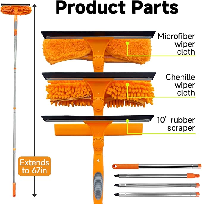 2 in 1 Window Squeegee Cleaner Kit Extension Pole, 67 in, Orange | Window Washing Equipment with Bendable Head for Indoor & Outdoor High Windows and Car Glass