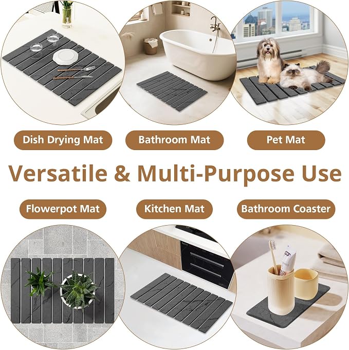 2 PCS Large Stone Dish Drying Mat for Kitchen Counter, Marbled Quick Dry Stone Dish Mats, Diatomaceous Earth Drying Pad, Foldable and Super Absorbent Dish Drying Stone Mat (Dark Gray 24"×16" & 8"×4")