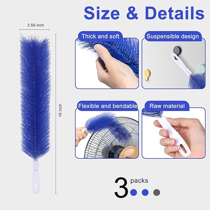 3 Pcs Fan Cleaning Brush Bendable Cobweb Duster - Microfiber Head, Washable - Ideal for Ceiling Fan Blades, Air Vents, Curtains, Cars - Reusable Dust Remover