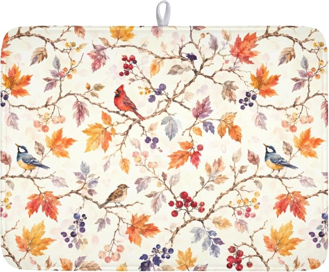 Fall Dish Drying Mat for Kitchen Counter Autumn Harvest Watercolor Maple Leaves Birds Dish Drainer Mat Rustic Farmhouse Absorbent Washable Drying Pad 18"x24"