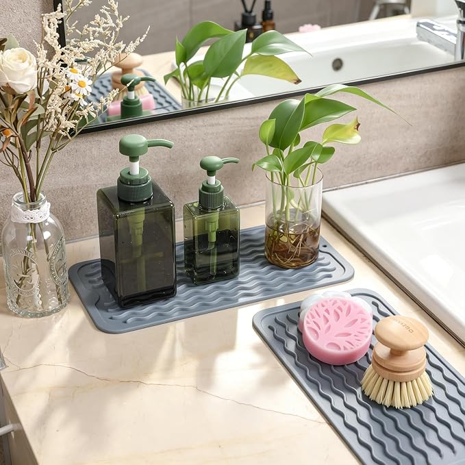 2 Pack Caketime Silicone Dish Drying Mat for Kitchen Counter Heat Resistant Multiple Usage Bathroom Countertop Uner Sink Area Faucet Side Drainer Organizer Must Haves 2026 12inchx6inch Blue