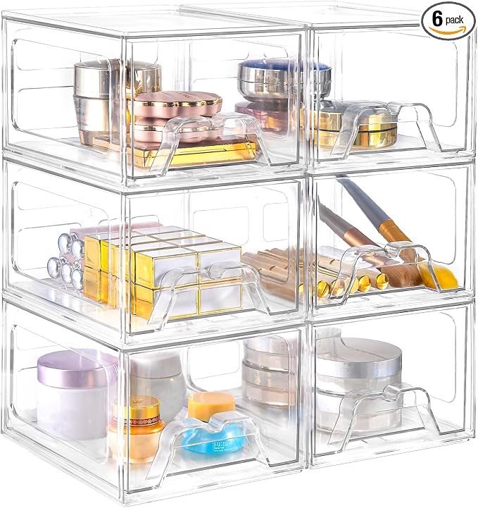 Stebopum 6 Pack Stackable Makeup Organizer, 4.4'' Tall Acrylic Bathroom Makeup Organizer and Storage Drawer with Pull-out Handle, Clear Plastic Storage Bins for Vanity,Pantry,Desk,Undersink,Kitchen