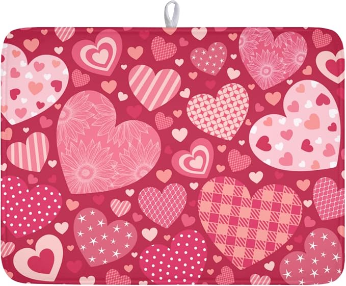 Valentine's Day Red Heart Dish Drying Mat 18x24 Inch | Polyester，Absorbent Microfiber，for Kitchen Coffee Dining Bar Decor