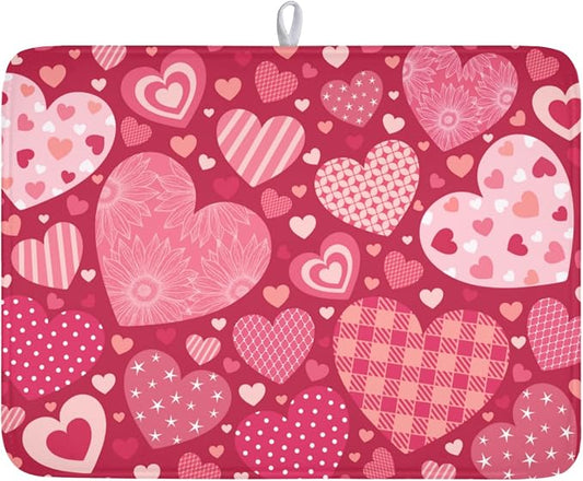 Valentine's Day Red Heart Dish Drying Mat 18x24 Inch | Polyester，Absorbent Microfiber，for Kitchen Coffee Dining Bar Decor