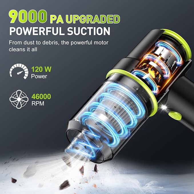 KMM Handheld Car Vacuum Cleaner, 9000PA Vacuum & Air Duster | 120W High Power, Portable Cordless, Rechargeable, Multi-Nozzles & LED Light for Home, Car, Office