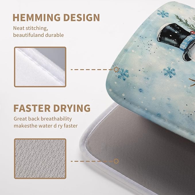 Blue Snowman Snowflake Christmas Dish Drying Rack - 16x18 Inch Absorbent Microfiber Mat for Home Coffee Bar
