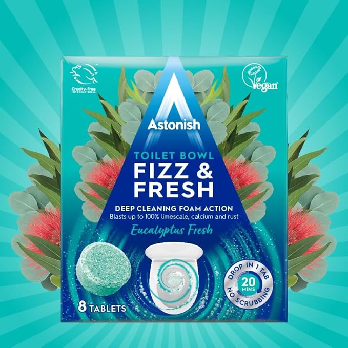 Astonish Foaming Eucalyptus Toilet Bowl Cleaner - Deep Cleaning Limescale, Calcium & Rust - No Bottle, Removes Hard Stains - Box of 8 Tablets