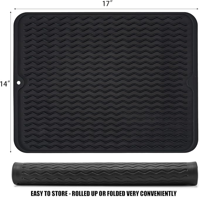 Large 17" x 14" Silicone Dish Drying Mat for Kitchen Counter, Easy clean, Quick Dry, Heat-resistant Dish Drainer Mat for Sink,Refrigerator or Drawer liner (Food Grade Silicone-Black)
