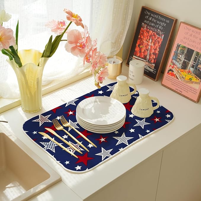 4th of July Dish Drying Mat 18x24 Inch Navy Blue Red Stars Patriotic Decor Drying Mat Independence Day Memorial Day Absorbent Dish Drying Pad Dish Rack Drainer Mats for Kitchen Dining Counter