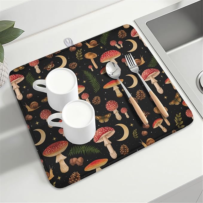 Botanical Mushroom Fern Leaf Dish Drying Mat 16x18 Inch | Butterfly，Polyester，Absorbent Microfiber，for Kitchen Coffee Dining Bar Decor