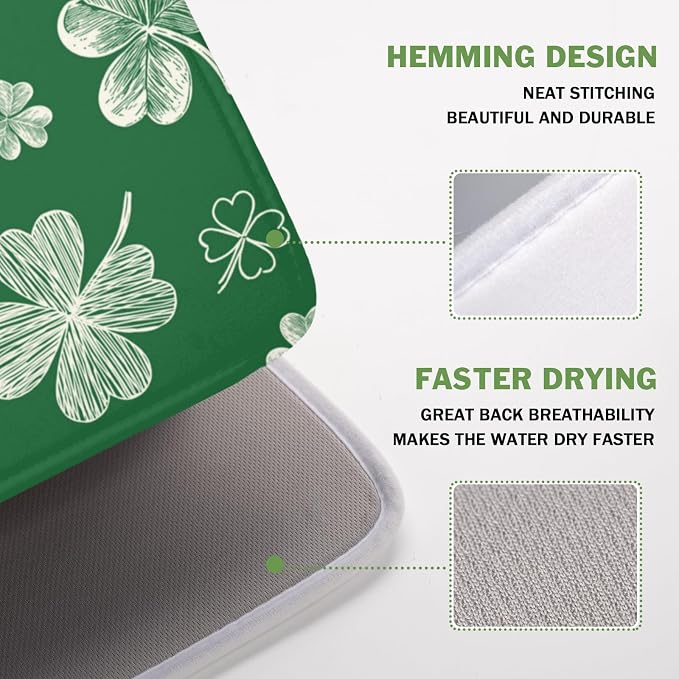 St Patrick's Day Dish Drying Mat 16 x 18 Inch Green Shamrock Dish Drainer Rack Mat Absorbent Microfiber Mats for Spring Lucky Clovers Dish Pad for Kitchen Coffee Bar Decor