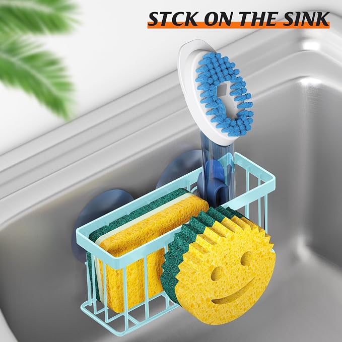MURLONG Sponge Holder Smiley Face,Sink Caddy for Kitchen Sink,Sponge Holder with 2 PCS Suction Cups/1 PCS Adhesive Strips,Designed for Sponge,Soap,Dish Brush,Scrubber-Blue