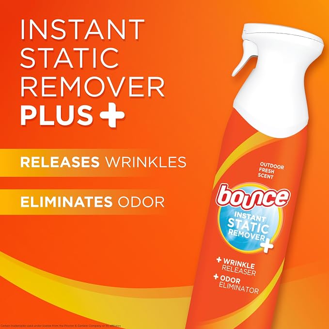 Bounce 3 in 1 Instant Anti Static Spray & Wrinkle Release, Odor Eliminator & Fabric Refresher (Fresh Scent, 9.7 Fl Oz, Pack of 2)
