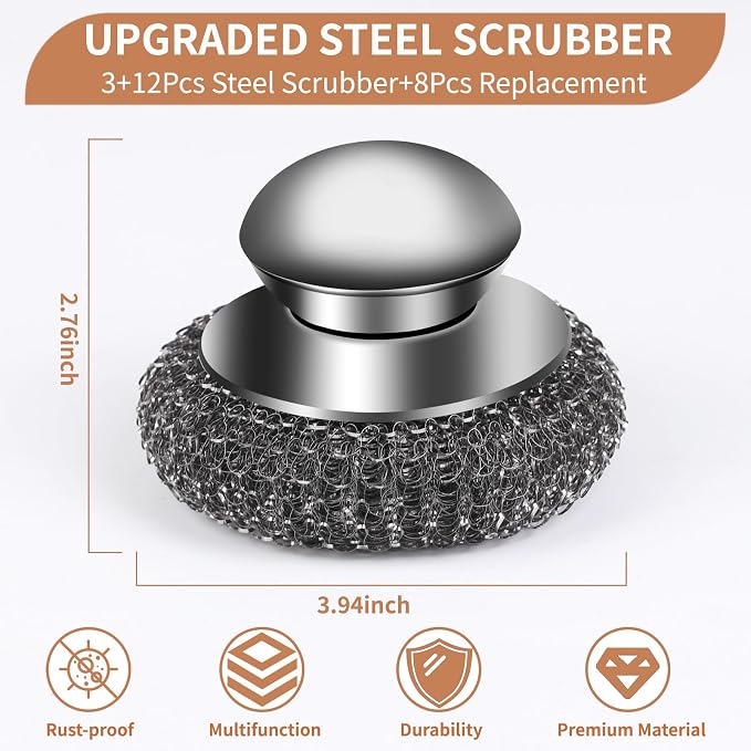 15Pcs Steel Wool Scrubber with Replacement Wire Sponge Pads Set, Stainless Steel Scrubber with Handle for Scouring Messes from Cast Iron, Frying pan, Pots, Pans, Grill, Stoves, Sink