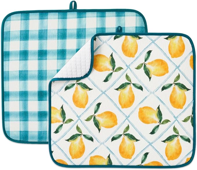 FRESHMINT Printed Dish Drying Mat for Kitchen Counter 2 Pack Absorbent Reversible Drying Mats Microfiber Kitchen Drying Mat, Extra Large Dishes Drainer Mats (18"x16", Lemon)