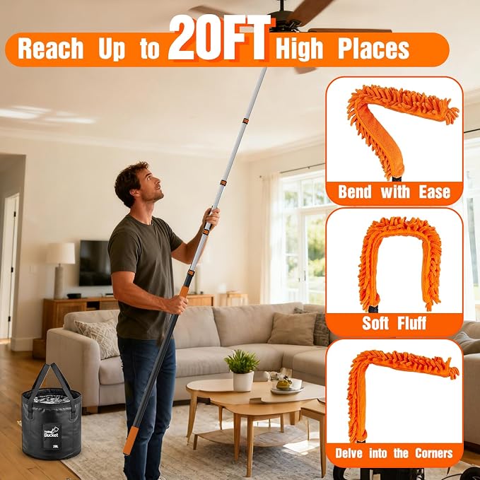 SISUPASSIE 20FT Reach High Ceiling Duster Kit, Window Cleaning kit with 3-12FT Extension Pole, Fan Duster for Ceiling Fan Blades, Microfiber Feather Duster, Window Squeegee, Bucket and Cobweb Duster