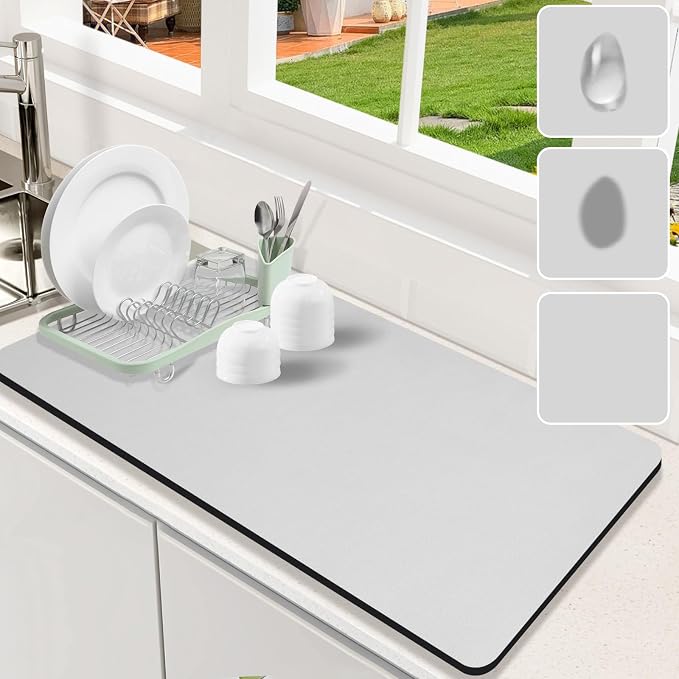 Dish Drying Mat for Kitchen Counter,Dish Drying Pad with Non-slip Rubber Backed, Hide Stain Anti Absorbent for Kitchen Counter, Drying Mat for Coffee Machine Dish Rack (Light Grey, 17" x 31.5")