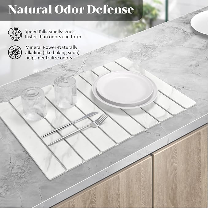 Large Stone Dish Drying Mat for Kitchen Counter, 24"×16" Marble-Pattern Dish Drying Mat with 8"x 4" Coasters, Non - Slip Collapsible Absorbent Mat for Multi - Purpose, Match Any Countertop【White】