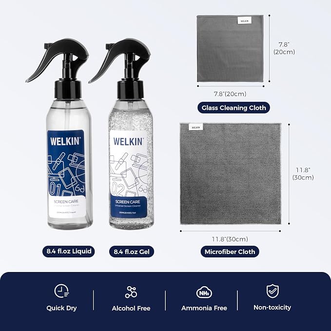 WELKIN Screen Cleaner Kit, 8.5 oz + 8.5 oz Spray & Gel for TV & Phone | Dual Formula Cleaning, Streak-Free Performance, Spray & Gel Options for Screens, Includes 1 Microfiber Cloth & 1 Glass Wipe