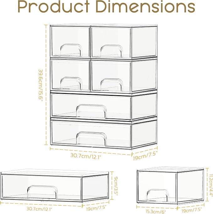 Criusia Stackable Storage Drawers, 6 Pack Clear Plastic Makeup & Bathroom Organizer, Versatile Storage Bins for Vanity, Under Sink, Kitchen Cabinets & Pantry