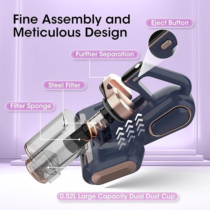 Bed Mattress Vacuum Cleaner Cordless 16Kpa Handheld Vacuum, Vacuum Cleaner with 253.7nm UV-C Light,HEPA Filter & Ultrasonic, Portable Vacuums for Sofa Couch Crib Birthday Gifts for women blue+gold