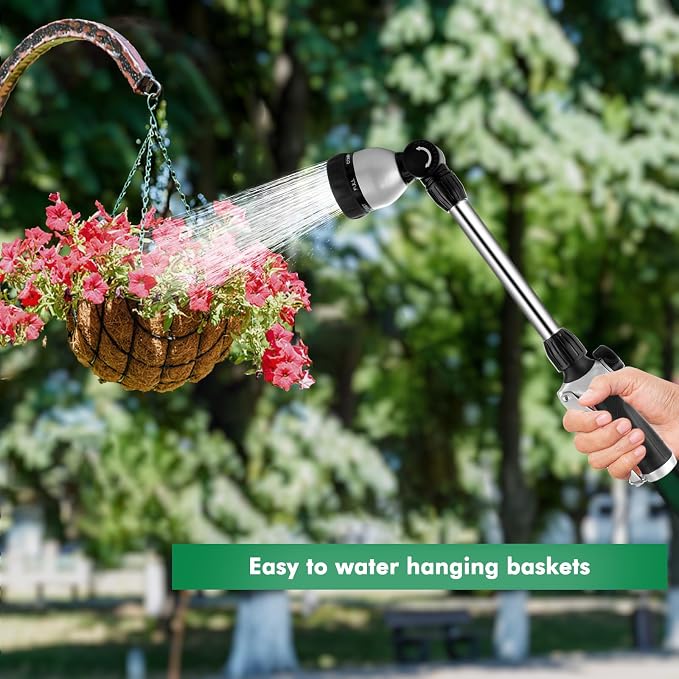 RESTMO Heavy Duty Metal Hose Wand, Watering Wand for Garden Hose | 180° Swivel Ratcheting Head, 16'' Hose Sprayer, 7 Spray Patterns, Flow Control, Ideal for Hanging Baskets & Shrubs, Black