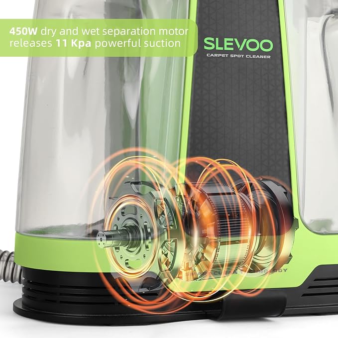 Slevoo 450W Portable Carpet Cleaner Machine with 1 Bottle Cleaning Solutions, Strong Suction Upholstery and Furniture Cleaner for Cleaning Stairs, Car Interiors, for Pet Footprint, Dust, Oil (Green)