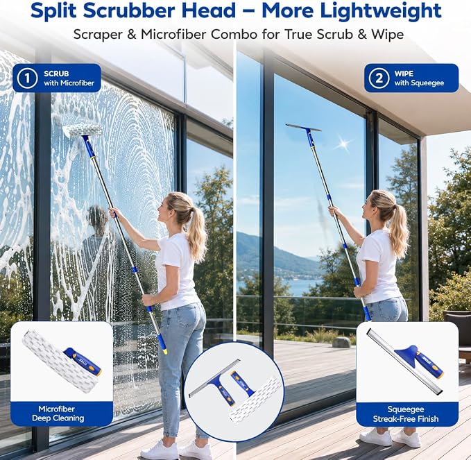 ITTAR Window Squeegee Cleaning Kit with 60" Extension Pole & Rotatable Head | 2 x 11" Microfiber Pads & 12" Rubber Blade Glass Washing Tool for High Window, Shower Doors, Car Windshields; Indoor, Outdoor
