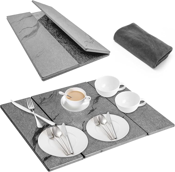 Dish Drying Mat Large Stone Dish Drying Mat For Kitchen Counter Collapsible Quick-Drying Sleek Diatomaceous Versatile Stone Drying Mats For Cups Dishes Bottles Marble (gray, 16"×19")