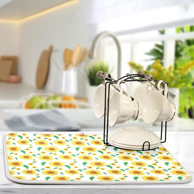 Absorbent Dish Drying Mat for Kitchen Counter - Cute Sunflower Flowers Microfiber Drying Pad, Reversible Drainer Mats for Countertop, Small 16 x 18 inch
