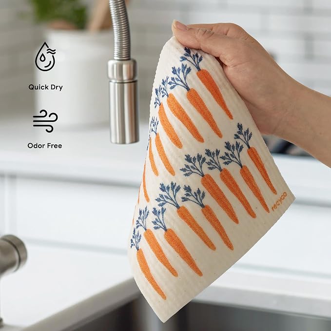 RECYCO Swedish Dishcloths for Kitchen | 6 Packs Veggie Melody Washable Dish Rags | Cellulose Reusable Cleaning Paper Towels | Absorbent Counter Dish Cloth Sponge Kitchen Wipes, 8" L x 7" W