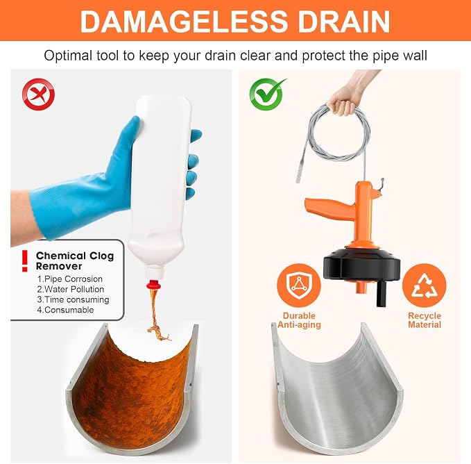 Drain Snake, Auto Feed Plumbing Snake with Drill Attachment, 25 Feet Flexible Drain Auger Tool Set Included Drain Clog Remover, Hair Clog Remover ＆ Cleaning Brush | for Kitchen, Bathroom and Shower Sink with Gloves
