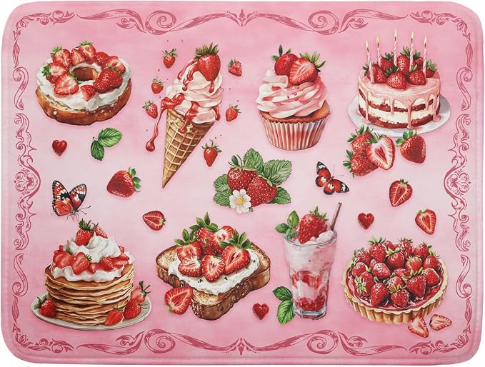 Strawberry Dish Drying Rack Mat Pink Absorbent Microfiber Dish Drying Mat for Kitchen Counter 18x24 In