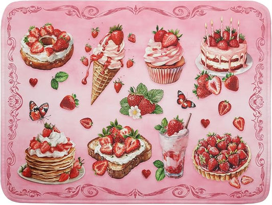 Strawberry Dish Drying Rack Mat Pink Absorbent Microfiber Dish Drying Mat for Kitchen Counter 18x24 In