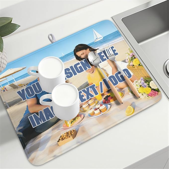 Custom Dish Drying Mat Design Your Photo Text Logo 18x24 Inch | Polyester，Absorbent Microfiber，for Kitchen Coffee Dining Bar Decor