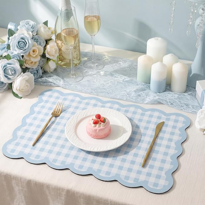 Scalloped Gingham Coffee Mat 12" x 20" Absorbent Coffee Bar Mat Gingham Espresso Matt for Counter(Light Blue)