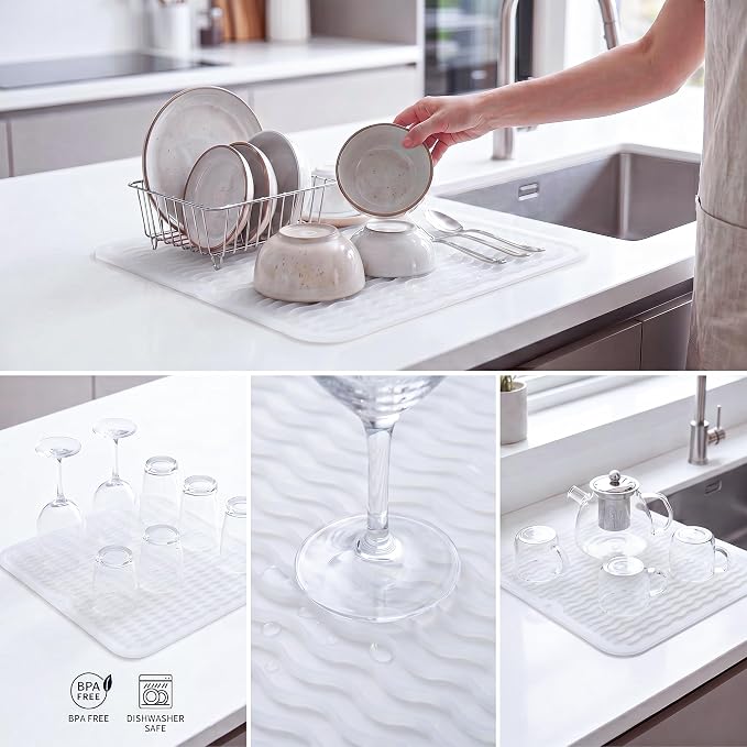 MicoYang Silicone Dish Drying Mat for Multiple Usage,Easy clean,Eco-friendly,Heat-resistant Silicone Mat for Kitchen Counter or Sink,Refrigerator or Drawer liner Translucent M 12 inches x 12 inches
